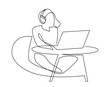 Woman on headphones working remotely at her laptop continuous one line vector drawing. Girl in a sack chair with notebook on a table hand drawn illustration. Studying at home, remote job, freelance
