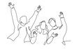 Cheerful crowd cheering illustration. Hands up. Group of three people rejoice and cheer continuous one line vector drawing. Women and men standing at concert, meeting.