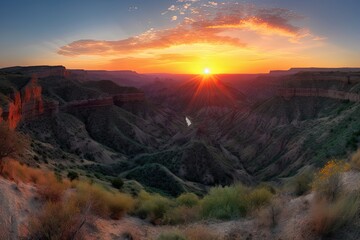 Poster - majestic and peaceful valley surrounded by fiery sunset canyons, created with generative ai