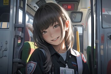Wall Mural - Asian Woman Paramedic Background Setting Very Happy Illustration Generative AI
