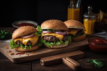 Wall Mural - platter of classic burgers and fry, ready for easy food service, created with generative ai