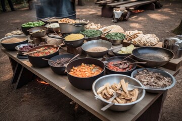 Canvas Print - campfire cooking competition with select ingredients and equipment, to create the best meal for hungry campers, created with generative ai