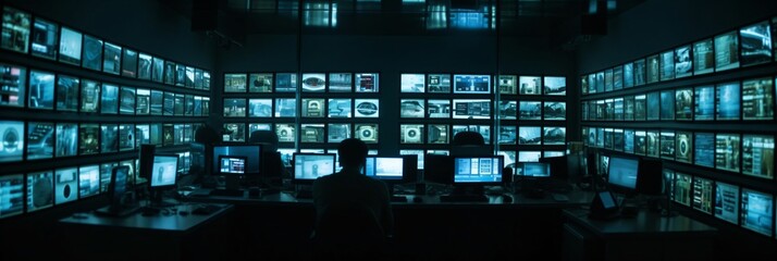 room full of screens where people are working, generative ai