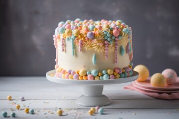 Poster - decorative cake with pops of pastel colors and sprinkles, created with generative ai