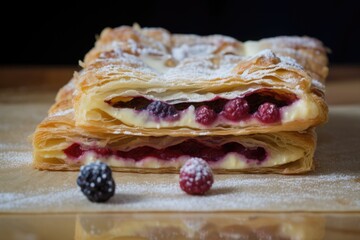 Wall Mural - tarte flaky puff pastry with berry & custard filling, created with generative ai