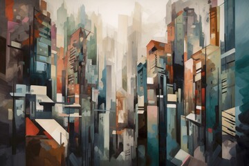 Sticker - cubist painting of a cityscape, with blurred skyscrapers and busy streets, created with generative ai