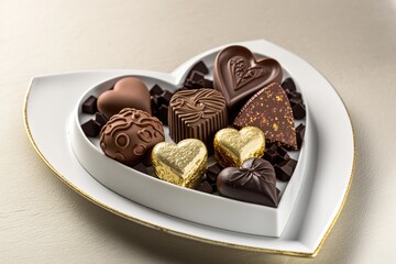 Sticker - heart-shaped box of assorted truffles or chocolates on a white plate, created with generative ai