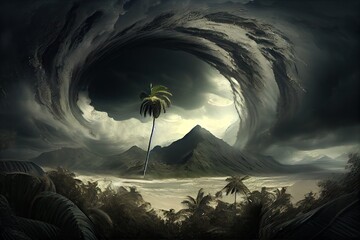 Wall Mural - tropical cyclone, with its eye visible, over majestic mountain range, created with generative ai