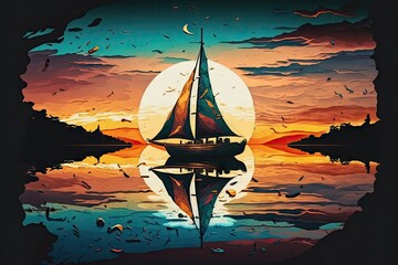 Wall Mural - sunset sailboat on calm, tranquil water surrounded by sky of vivid colors, created with generative ai