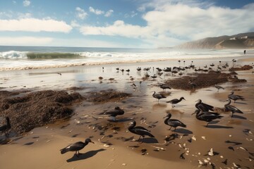 Wall Mural - oil spill on sandy beach, with seagulls and pelicans flying overhead, created with generative ai