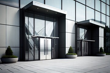 Sticker - office building with modern entrance doors, glass and metal accents, created with generative ai