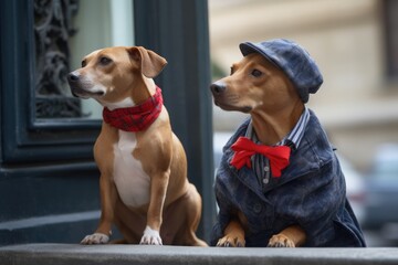 Sticker - a cat and dog modeling the latest fashions from the runways of paris, created with generative ai