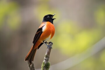 Wall Mural - male redstart bird perched on branch, singing its beautiful song, created with generative ai