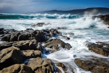 Canvas Print - sea waves crashing onto the rocks at a rocky seashore, created with generative ai