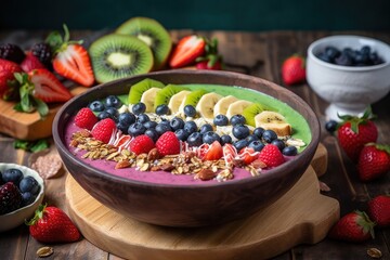 Poster - smoothie bowl topped with fresh fruit, granola, and seeds, created with generative ai