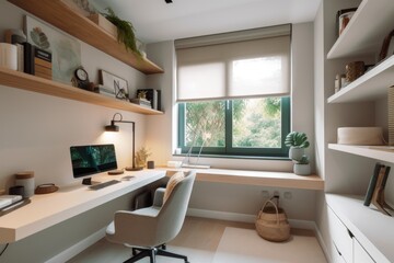 Poster - a cozy and well-equipped home office with a view of the garden or park, created with generative ai