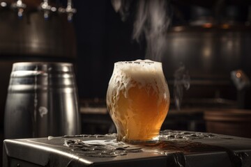 Poster - metal keg with foamy wave of beer and glass with frothy head in the background, created with generative ai