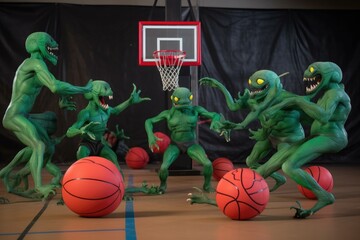 Wall Mural - team of aliens competing in fierce game of basketball, their strange forms and abilities adding an e