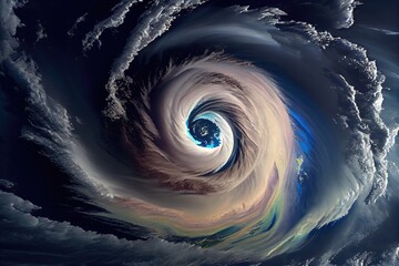 Wall Mural - massive tropical cyclone, with its eye surrounded by clouds and rain, churning through the ocean, created with generative ai