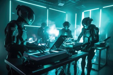 Sticker - alien band playing live concert in futuristic, high-tech venue, created with generative ai