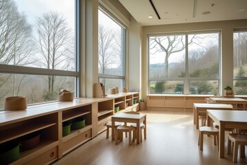 Poster - a calm and tranquil learning environment, with a view of nature through the window, created with generative ai