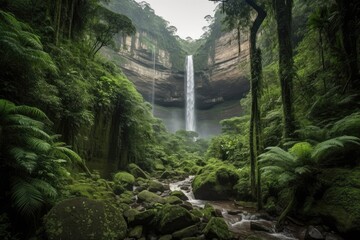 Canvas Print - majestic waterfall cascading over the jungle landscape, created with generative ai