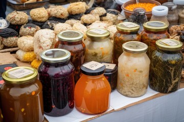 Poster - fermented foods market, with a variety of different fermented foods for sale, created with generative ai