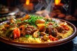 traditional Moroccan couscous dish with slow-cooked vegetables, lamb, and a flavorful sauce