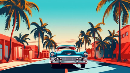 A vibrant and retro-inspired cityscape with a futuristic car, beach palms, and colorful 1980's aesthetics. Generative AI