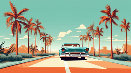 A vibrant and retro-inspired cityscape with a futuristic car, beach palms, and colorful 1980's aesthetics. Generative AI