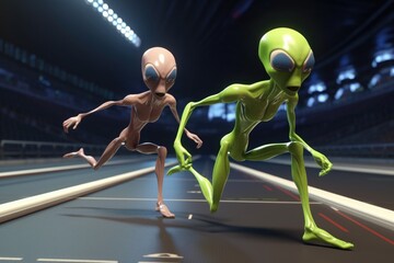 Wall Mural - two alien athletes racing down a track, their long limbs pumping, created with generative ai