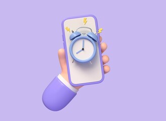 Poster - 3d hand holding mobile phone, alarm clock. meeting reminder. planning concept. Cartoon creative design icon isolated on purple background. 3D rendering