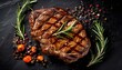 Grilled ribeye steak with rosemary on a black stone from the top