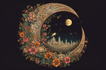 a whimsical illustration of a crescent moon made up of intricate floral patterns and arabic calligra