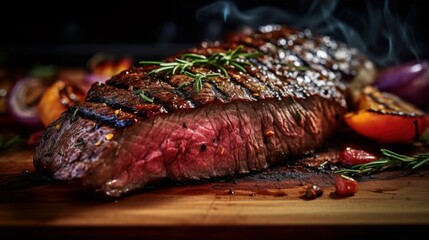 flank steak being grilled with some vegetables and grill marks on the meat