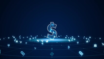 Poster - motion graphic of blue digital money logo with futuristic technology icon and line connection with c