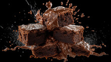 Pouring Melted Chocolate On Cake Biscuits In A Slow Motion. Brownies With Chocolate Icing On Black Background
