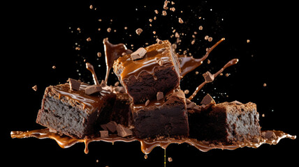 Pouring melted chocolate on cake biscuits in a slow motion. Brownies with chocolate icing on black background