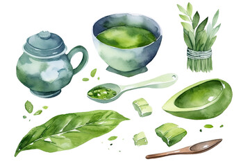 Wall Mural - Watercolor Matcha Green tea elements menu objects isolated on clear png background, various Japan matcha cups in cafe shop, morning drinks, delicious beverages clipart set, with Generative Ai.