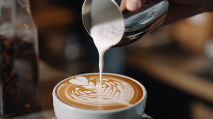 vintage tone of some people pour milk to making latte art coffee at cafe or coffe shop