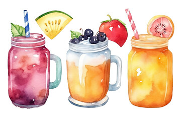 Variety group of fruit juices cocktail with ingredients for refreshing isolated on white background, healthy drink, glasses of juicy beverage, with Generative Ai.