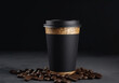 Take out coffee cup mockup on a dark background with coffee beans. AI generative