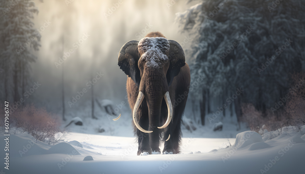 Woolly mammoth with sunlight, prehistoric animal in landscape frozen ...