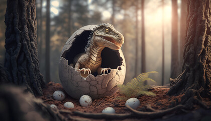 Wall Mural - Young dinosaur T Rex hatches from an egg in forest in habitat, Jurassic period. Generation AI