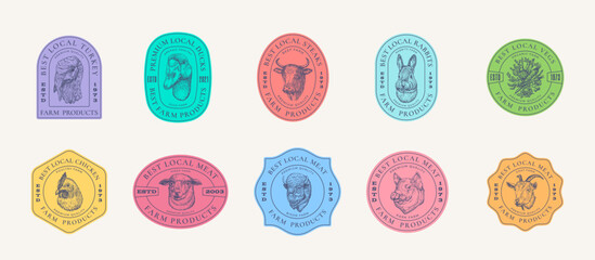 Wall Mural - meat vegetables and poultry farm retro framed badges or logo templates collection. hand drawn domest