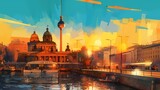 Fototapeta Londyn - The sun illuminates Berlin's bustling streets, casting a warm glow on its iconic landmarks, vibrant colors adorning the facades and adding a touch of whimsy to the city's architectural marvels.