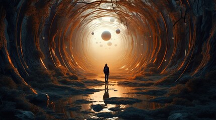 Wall Mural - a person walking in alien tunnel, illustration perspective surreal dreamland, idea for self-challeng