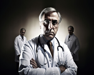 Serious Looking Doctor with Crossed Arms, Two Doctors in Background - Created with Generative AI and Other Techniques