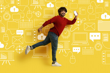 Poster - Smiling man with phone running over diverse digital world icons