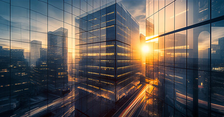 sunrise over the street of glass skyscrapers of the business city; futuristic architecture of a financial building;